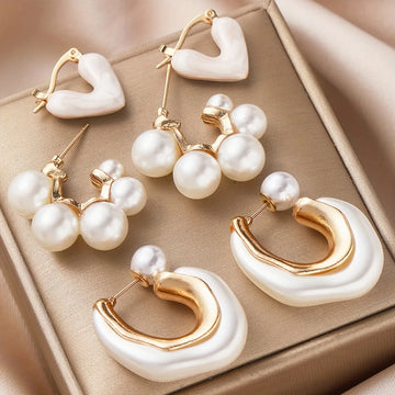 3 Pcs Delicate Imitation Pearl Heart Design Hoop Earrings Vintage Elegant Style