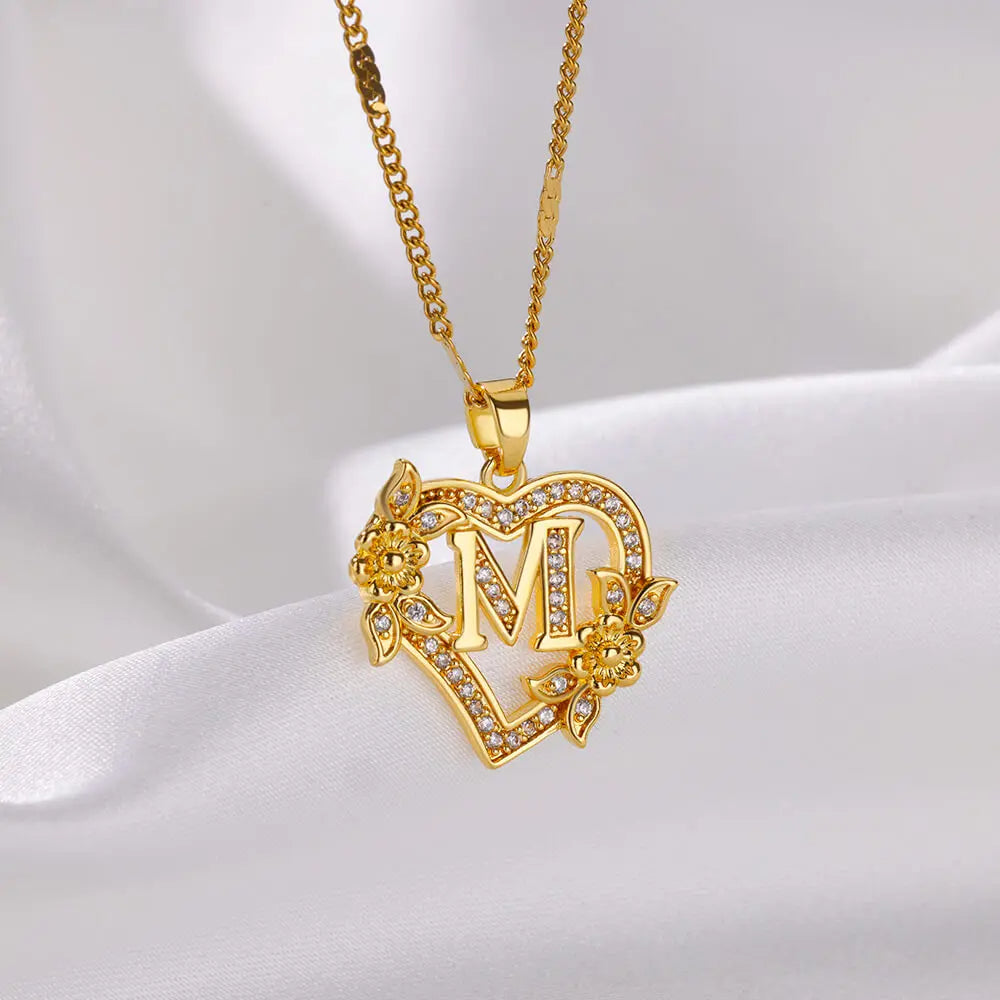 Heart Initial Letter Necklaces For Women Gold Color Stainless Steel Chain A-Z Alphabet