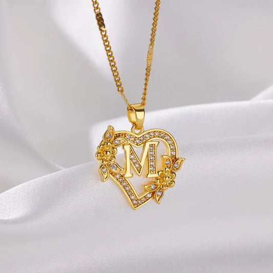 Heart Initial Letter Necklaces For Women Gold Color Stainless Steel Chain A-Z Alphabet